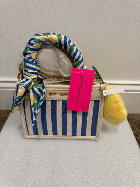 Betsey Johnson Handbags - Betsey Johnson Blue & Cream Striped Mini Tote with lemon scarf & charm NWT